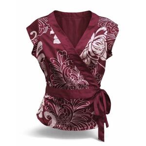 BCBG Kimono style wrap side tie maroon/cream flowered silk top Y2k | size XS